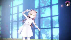 Cute Cat Girl Dancing In White Dress (3D Hentai)