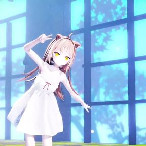 Cute Cat Girl Dancing In White Dress (3D Hentai)