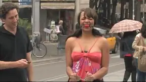 Cuffed Submissive Brunette Wanders in Shackles Arousing Curiosity All Day Long