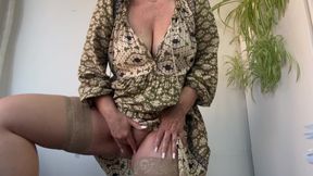 Horny Mature Stepmom in Stockings and High Heels Masturbates and Puts Her Foot on the Desk