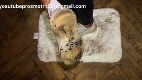 Nastya came home from a walk in very dirty sneakers and started wiping them on the snow-white, new rug. Now it's not as clean as it used to be. dirty feet and shoes and sneakers and high heels and barefoot + spitting + crush fetish + trampling