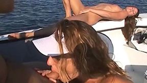 Sexy blonde fucks her husband and girlfriend on a boat