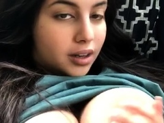 Busty curly brunette with big boobs fucks on couch