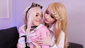 Danganronpa hentai cosplay girls in threesome with one cock