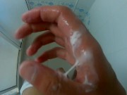 Young man masturbates three times in underwear under the shower