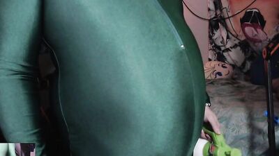 Stretchy Green Unitard Belly Inflation