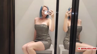 Trying on mini dresses and sexy clothes in a mall. Look at me in the fitting room and jerk,I like it