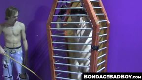 Caged twink whipped and tormented hard ends up masturbating with intense cock and ball play
