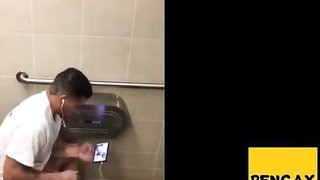 Workmen caught jerking and cumming in restroom 2