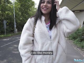 Public Agent tiny British Brunette hair Sucks and Bangs after Almost Getting Run Over by a Runaway Taxi