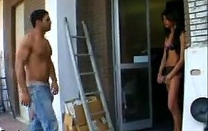 Luxurious brunette shemale banged in condom