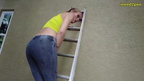 kitty quinn stuck on ladder pissing her tight jeggings omorashi