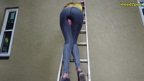 kitty quinn stuck on ladder pissing her tight jeggings omorashi