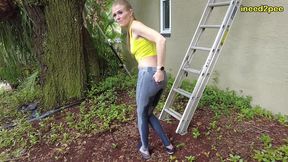 kitty quinn stuck on ladder pissing her tight jeggings omorashi