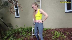 kitty quinn stuck on ladder pissing her tight jeggings omorashi