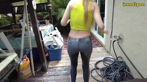 kitty quinn stuck on ladder pissing her tight jeggings omorashi