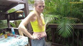 kitty quinn stuck on ladder pissing her tight jeggings omorashi