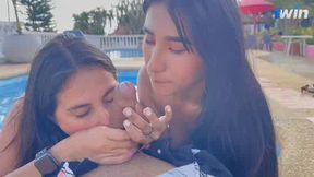 Juicy Jenifer 3some by the public pool with a promiscuous Latina and a dirty, scorching Mexican bi-atch - real public hump at its finest.