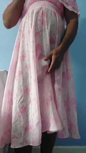It feels so horny to masterbate wearing a silk seethrough fleard chiffon flowers frock