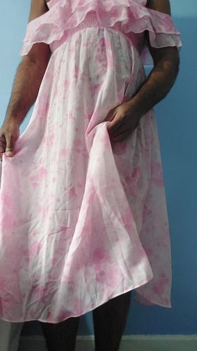 It feels so horny to masterbate wearing a silk seethrough fleard chiffon flowers frock