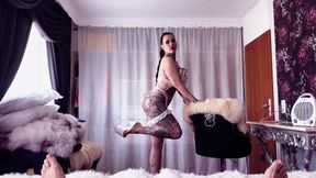 Sexy maid cleans up with her lips