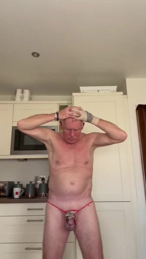 Exposed in red thongs