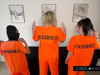 COSPLAYXGIRLS - three Inmates Go Wild: Prison Lesbian babes Drilled By Guards In Coarse Team fuck