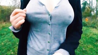 Boobwalk: Buttoned V-Neck Shirt and Coat. Hooters Out.