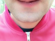 Foamy cum play on lips after being mouth fucked outdoor