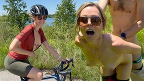 Sexy cyclist treats hubby to a public blowjob, then gets an unprotected cumshot from a lucky hiker