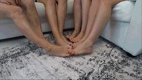 4 girls crossed legs and interlocking their toes together FS