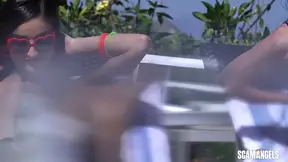 Blue-Headed Babe in Glasses Gives Poolside Head While Her Friend Watches