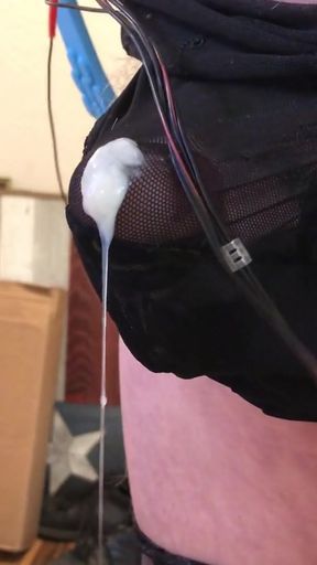 Unforgettable moment from "Estim and ballslapping in a mesh pouch. My balls push a cloud of cum through my panties."