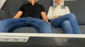 My girlfriend&#039;s friend gives me a very good blowjob in jeans while we wait for my girlfriend who is in the shower