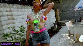 Songkran Asian ladyboy gets wet for anal and returns the favor