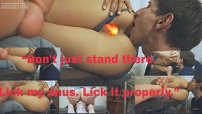 NIK04 “Don’t just stand there. Lick my anus. Lick it properly.” He started running his tongue over her freshly waxed, sensitive hole. She let out a soft moan and pushed her ass back against his face.
