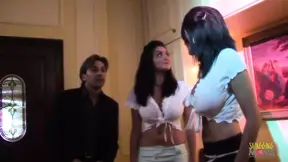 Two super hot milfs dress up, lick and fuck young guy