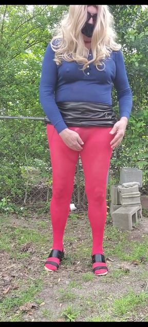 Cd walk outdoors. Piss my pantyhose, feet and shoes.   Clip 1
