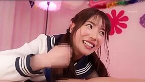 During real sex, he thrusts hard and cums on her face.