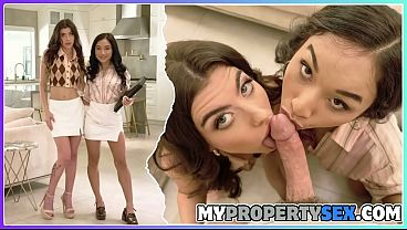 Dark Haired Hotties Avery Black and Gal Ritchie Touching Property Owner Cock to Complete the Deal