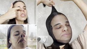 Mary pinches her nose and puts a stocking on her head