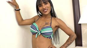”Dark skinned big tits Asian ladyboy TS enjoys a good assfucking stretching”