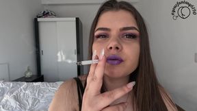 Smoking and Vaping with Purple Shiny Lipstick