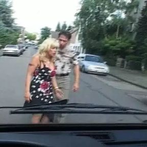 Busty and old German slut eating warm cum in the back of the car