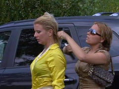 Busty blonde babe outdoor flash for cash