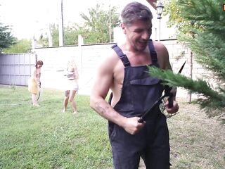 The gardener flirts with the local angels of the abode owner