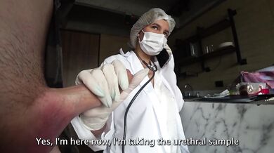 Nurse in uniform gets her throat fucked by doctor's pulsing cock