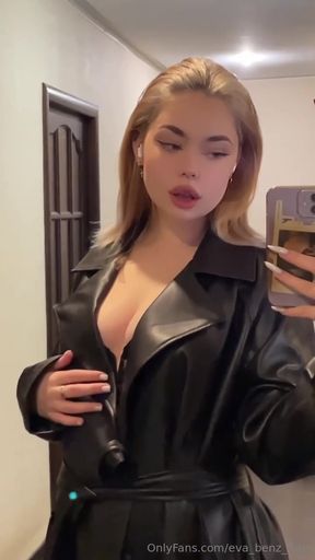 Blonde woman in black leather jacket