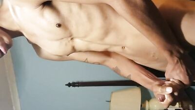 Well-hung guy shows his hard cock and masturbates on camera