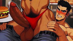 hot gay sex with waiters in public during dinner. hard cock in the ass and cum on the customers  food.